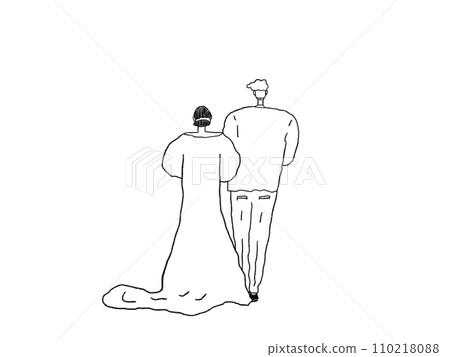 穿著婚紗和燕尾服的男人和女人從後面 穿著婚紗和燕尾服的男人和女人從後面 110218088