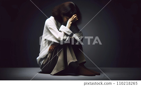 一位女士坐下來、沮喪哭泣的 AI 圖像 110218265