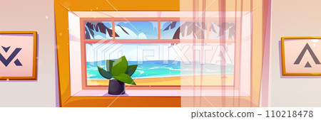 Window of room from inside with view on sea beach 110218478