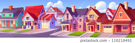 Summer suburban landscape with house on street 110218491