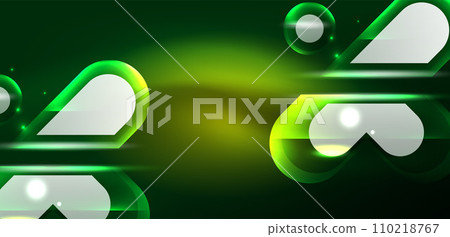 Neon glowing geometric shapes vector abstract background. Round elements, light effects and glass glossy style with color backdrop. Space cosmic or magic energy wallpaper 110218767