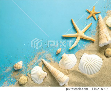 框架旅行夏季海藍天沙灘貝殼複製空間背景 AI 生成的圖像 框架旅行夏季海藍天沙灘貝殼複製空間背景 AI 生成的圖像 110218906