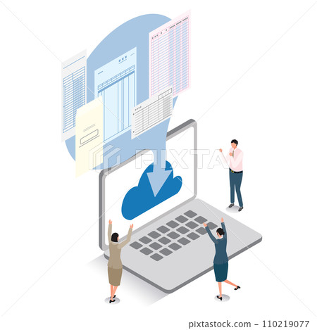 Illustration of people who are happy that their electronic ledger storage has gone well 110219077