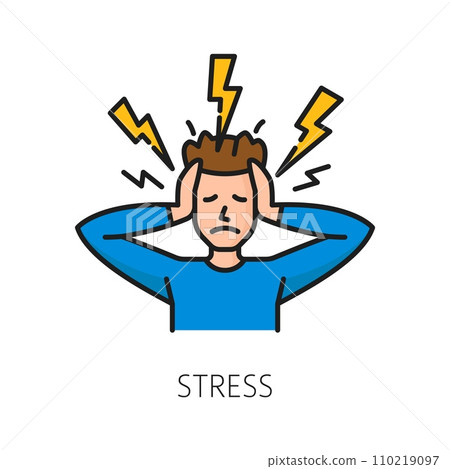 Stress psychological disorder problem, mental health vector linear icon, representing person with unhappy frowning face and lightning bolts, conveying the feeling of tension or pressure 110219097
