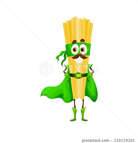 Cartoon pasta superhero character, linguine in super hero costume, vector funny guardian. Italian pasta linguine as defender or warrior guard in superhero cape and green mask with power belt Cartoon pasta superhero character, linguine in super hero costume, vector funny guardian. Italian pasta linguine as defender or warrior guard in superhero cape and green mask with power belt 110219101