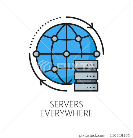 Servers everywhere. CDN. Content delivery network icon. website CDN administration and publishing system sign, web media database technology outline vector pictogram with globe and computer server 110219105