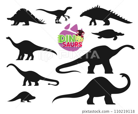 Funny dinosaurs cartoon personages silhouettes. Wuerhosaurus, Eoraptor, Polacanthus and Henodus, Quaesitosaurus, Haplocanthosaurus, Shunosaurus and Lotosaurus, Melanorosaurus dinosaur silhouettes set 110219118