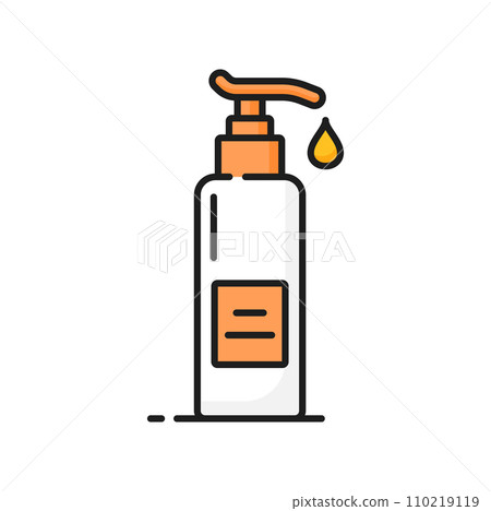 Soap, hand or face lotion skin care line icon. Dermatology treatment, face and hands skincare product or woman beauty cosmetics oil or shampoo bottle with pump dispenser outline sign or pictogram Soap, hand or face lotion skin care line icon. Dermatology treatment, face and hands skincare product or woman beauty cosmetics oil or shampoo bottle with pump dispenser outline sign or pictogram 110219119