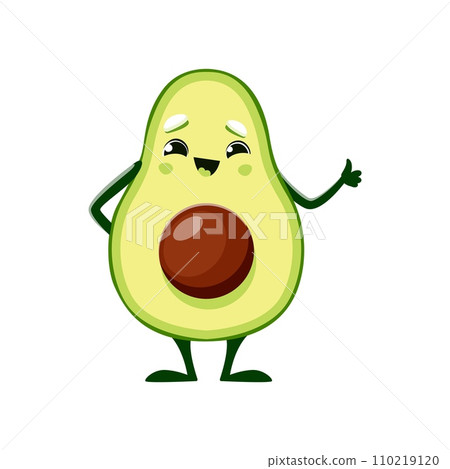 Cartoon cheerful avocado character with smile and thumb up, vector emoji or kawaii emoticon. Cute funny happy avocado with thumb up gesture and half cut seed for kids food personage Cartoon cheerful avocado character with smile and thumb up, vector emoji or kawaii emoticon. Cute funny happy avocado with thumb up gesture and half cut seed for kids food personage 110219120