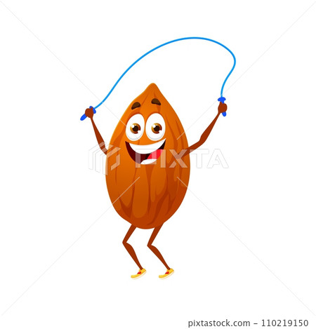 Cartoon almond nut character happily jumping rope, showcasing its energetic nature. isolated vector playful kernel sportsman personage engaged in weigh loss, exudes joy, health, and active lifestyle 110219150