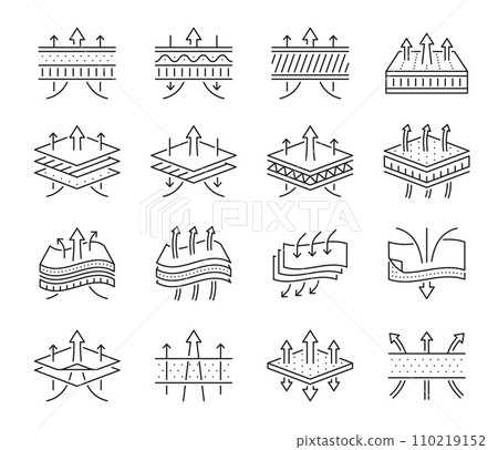 Breathable icons for fabric material or air membrane layers with arrow lines, vector symbols. Breathable fabric material icons for fiber with breath layer or airflow technology textile 110219152