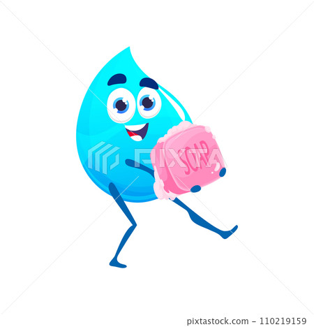 Cartoon happy water drop character with soap. Personal hygiene and bathing cosmetics isolated vector mascot. Pure aqua, clean blue water droplet childish personage with soap brick and foam 110219159
