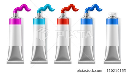 Oil paint realistic tubes packaging mockup. Acrylic paint packaging or art liquid pigments isolated 3d squeeze metal tubes. Artist palette pink, blue and red colors pack mock up 110219165
