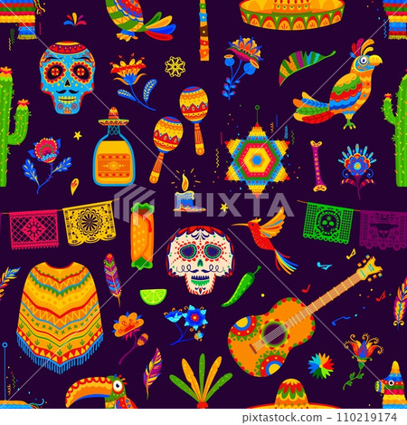 Mexican holiday and festival objects seamless pattern. Day of the Dead fabric ornate seamless print, Cinco de Mayo mexican textile pattern with skulls, birds, Tex Mex food and musical instruments Mexican holiday and festival objects seamless pattern. Day of the Dead fabric ornate seamless print, Cinco de Mayo mexican textile pattern with skulls, birds, Tex Mex food and musical instruments 110219174