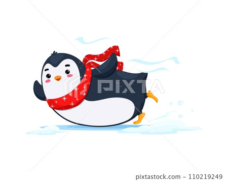 Cartoon cute funny penguin character joyfully gliding on its belly, spreading laughter with its hilarious and lovable antics. Isolated vector adorable bird personage wear scarf fun at winter time Cartoon cute funny penguin character joyfully gliding on its belly, spreading laughter with its hilarious and lovable antics. Isolated vector adorable bird personage wear scarf fun at winter time 110219249