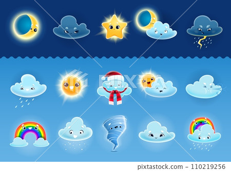 Cartoon cute weather characters. Vector clouds, sun, rain, wind and rainbow, moon, star, snow, tornado storm and lightning personages with funny faces. Weather forecast and meteorology emoticons Cartoon cute weather characters. Vector clouds, sun, rain, wind and rainbow, moon, star, snow, tornado storm and lightning personages with funny faces. Weather forecast and meteorology emoticons 110219256