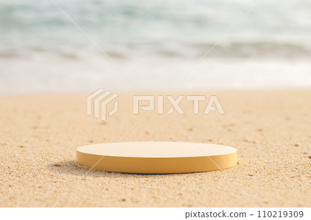 Beige platform on the beach for standing product against the ocean background Beige platform on the beach for standing product against the ocean background 110219309