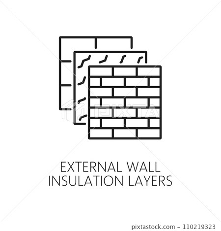 External wall thermal insulation layers icon. House construction thermal isolation cross section line sign, home facade energy save and heat protection system thin line vector pictogram or symbol 110219323