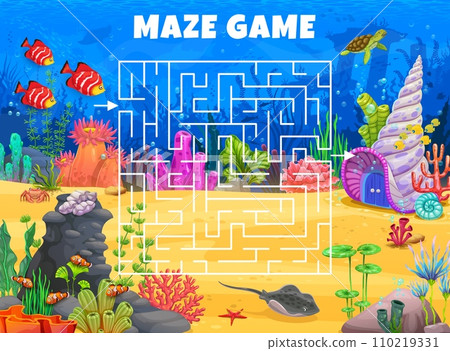 Logic puzzle game with labyrinth for children and adults. Help the fish get  out of the