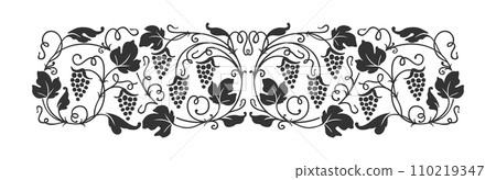 Grape vine ornament, wine border, vineyard branch. Vintage floral border, antique monochrome vector decoration, spacer or underline. Separator with grape curly vine fruits and leaves 110219347