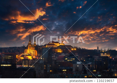 Brno city in the Czech Republic. Europe. Petrov - Cathedral of Saints Peter and Paul and Spilberk castle. Beautiful old architecture and a popular tourist destination. Night photography of the city 110219657