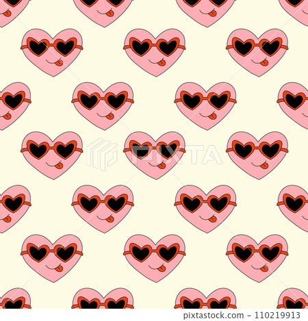 Seamless Pattern with Heart Pink Character for Valentine Day in sunglasses. Smile and show tongue. Mascot in groovy and Y2k style. Vector cartoon illustration. 110219913