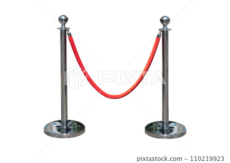 Stainless barricade with red rope isolate on white background Stainless barricade with red rope isolate on white background 110219923