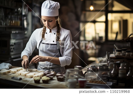 Professional Female Chef Expertly Cooking a Delectable Dish in a Modern Kitchen Setting Professional Female Chef Expertly Cooking a Delectable Dish in a Modern Kitchen Setting 110219968