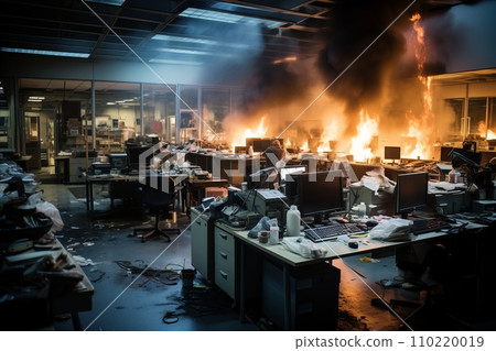 Inferno Unleashed. Devastating Office Fire with Intense Flames and Thick Plumes of Smoke 110220019