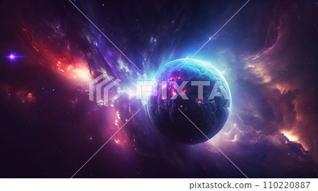 Distant neon galaxy in space. Stars, nebulas and dark matter. Generative AI 110220887