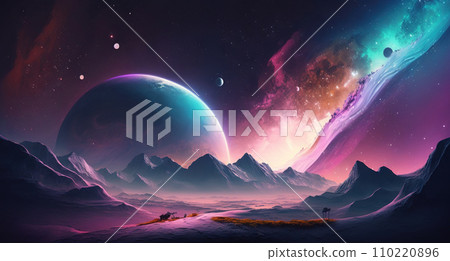 Distant neon galaxy in space. Stars, nebulas and dark matter. Generative AI 110220896