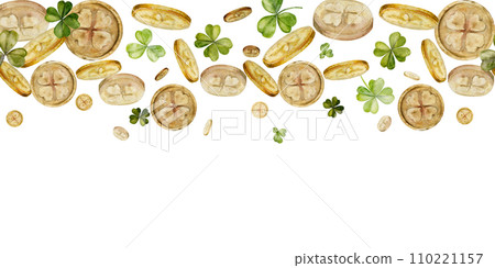 Watercolor hand drawn illustration, Saint Patrick holiday. Leprechaun gold coins, lucky clover. Ireland tradition. Seamless border Isolated on white background. For invitations, print, website, cards. Watercolor hand drawn illustration, Saint Patrick holiday. Leprechaun gold coins, lucky clover. Ireland tradition. Seamless border Isolated on white background. For invitations, print, website, cards. 110221157