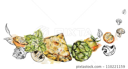 Hand drawn watercolor ink illustration. Pizza dough slice, assorted ingredients, Italian cuisine sketch. Composition isolated on white. Design restaurant menu, cafe, food shop or package, flyer print. 110221159
