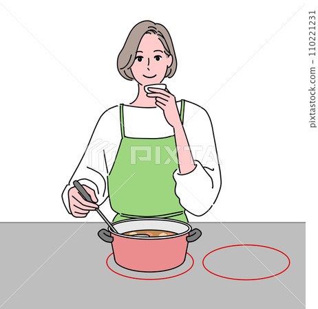 Middle-aged woman tasting food while cooking Middle-aged woman tasting food while cooking 110221231