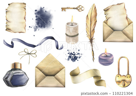 Writing supplies: papyrus paper, craft envelope, gold pen, ink in a glass jar, candles, key with lock . Hand drawn watercolor illustration. Set of isolated elements on a white background. Writing supplies: papyrus paper, craft envelope, gold pen, ink in a glass jar, candles, key with lock . Hand drawn watercolor illustration. Set of isolated elements on a white background. 110221304