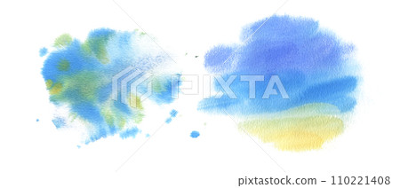 Background with blue sky, turquoise sea and yellow sand in the shape of a spot with blurred, soft edges and splashes. Watercolor illustration drawn by hand. Set of isolated on a white background. Background with blue sky, turquoise sea and yellow sand in the shape of a spot with blurred, soft edges and splashes. Watercolor illustration drawn by hand. Set of isolated on a white background. 110221408