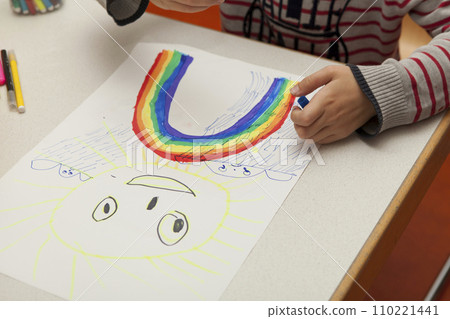 children's drawing on paper, rainbow 110221441
