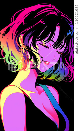 手绘霓虹汽波漂亮可爱的卡通动漫女孩插画 110221625