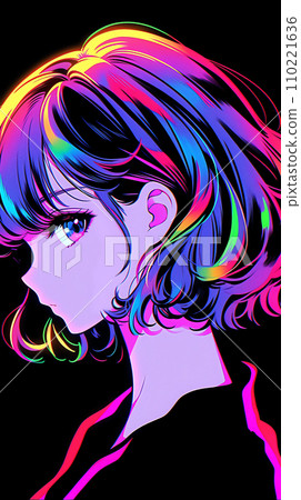 手绘霓虹汽波漂亮可爱的卡通动漫女孩插画 110221636