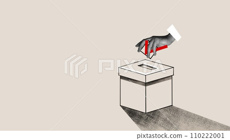 Human hand putting red check mark into ballot box. Contemporary art collage. 110222001