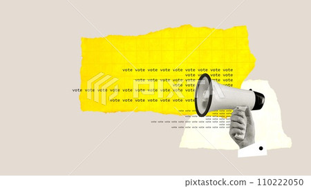 Time to take responsibility and vote for candidate. Human hand holding megaphone over pastel background with bright element. Contemporary art collage. 110222050