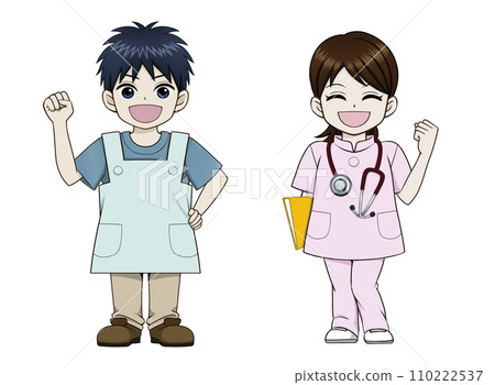 Illustration of a nurse doing a fist pump and a man wearing an apron 110222537