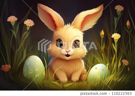 AI-generated content. cute easter bunny and colorful eggs holiday design illustration 110222563