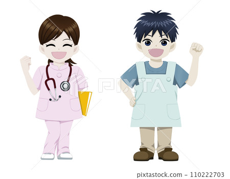 一名護士打拳頭和一名穿著圍裙的男子的插圖 110222703