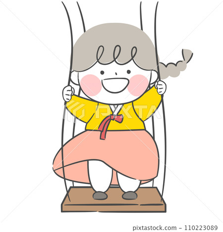 An illustration of a child wearing a hanbok riding a swing. 110223089