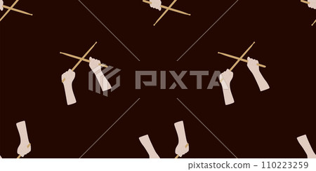 Drumsticks in hands Seamless Pattern, Musical Instrument Vector Art Illustration. Template with Crossed Drum sticks on dark background. Flat style backdrop for Wrapping paper, Banner, Card, Poster 110223259