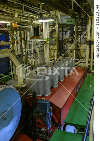 Main engine, Inside engine room on big ship, Marine engine on vessel. 110223344