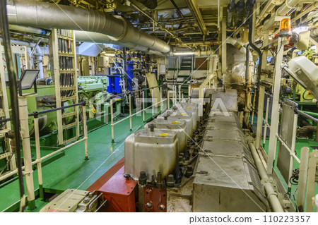 Main engine, Inside engine room on big ship, Marine engine on vessel. 110223357