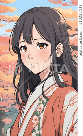 手绘卡通漂亮的亚洲女孩插画 110223532