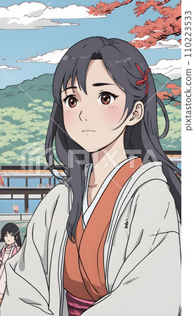 手绘卡通漂亮的亚洲女孩插画 110223533